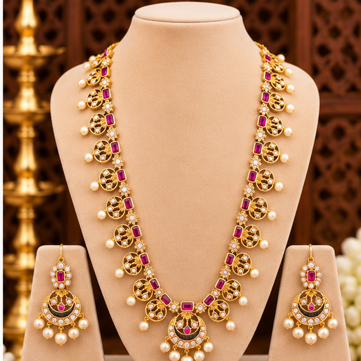 Long Gold Necklace with White Pearls | Artificial Jewellery