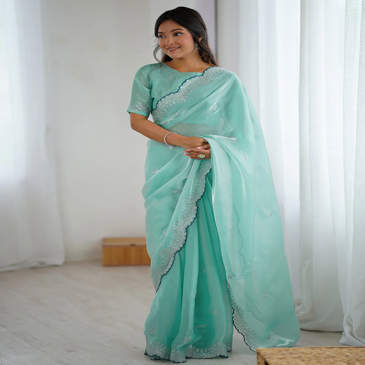 Sky Blue Tissue Silk Embroidery Saree