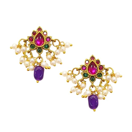 kempu lotus design with Purple Bead Earrings