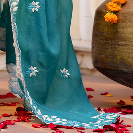 Dusty Teal Blue Shimmer Embroidery Saree - Image 3
