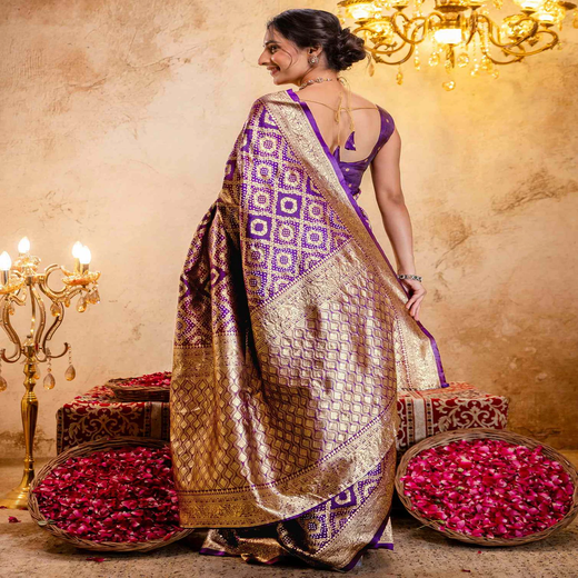 Dark Purple Silk Woven Banarasi Saree - Image 4