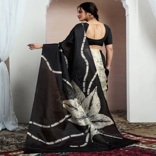 Black Bhagalpuri Silk Printed Saree - Image 4