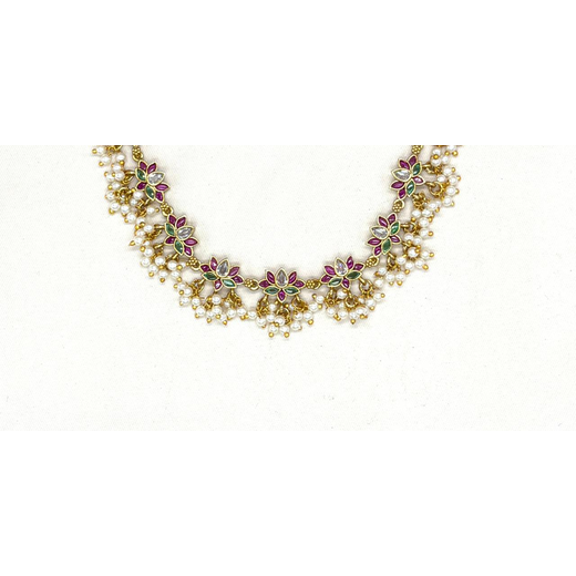 Ruby-Green Lotus with pearls Short Necklace - Image 2