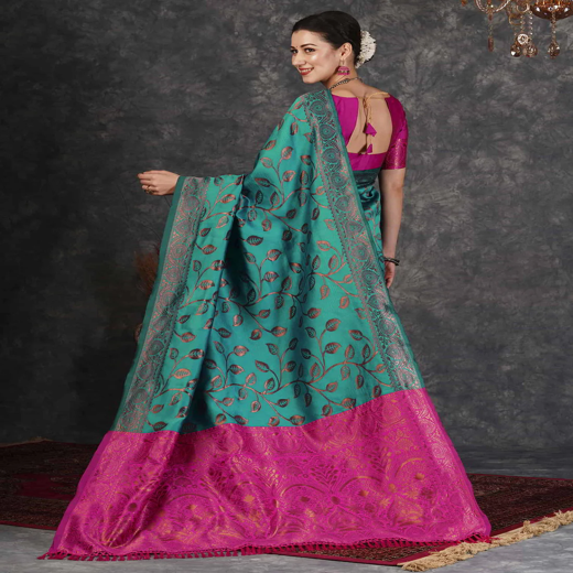 Teal Green Silk Woven Banarasi Saree - Image 4