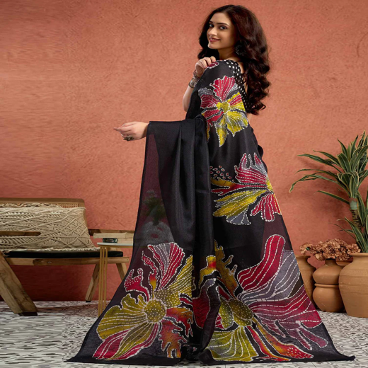 Black Vichitra Silk Printed Saree - Image 4