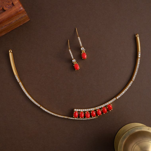 Matte finishing American Diamond Coral stone Short Kanti - Image 3