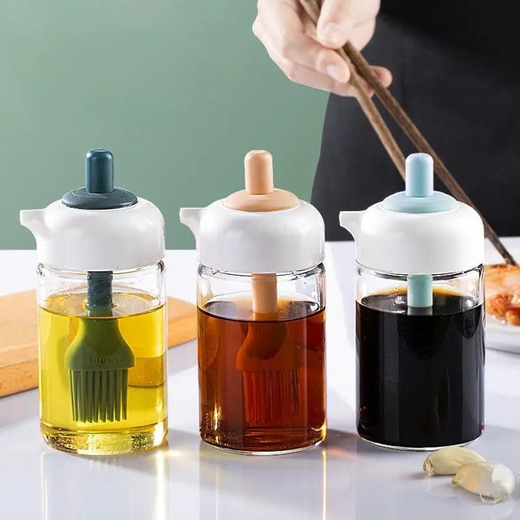 2 In 1 Oil Dispenser Condiment Jar With Silicone Brush