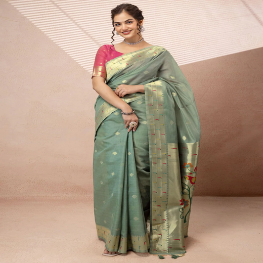 Dusty Mint Green Chanderi Cotton Woven Paithani Saree