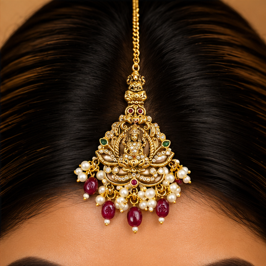 Matte Finishing American Diamonds Lord Lakshmi Red Beads Maang Tikka - Image 4