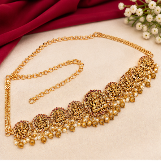 Matte Finishing Lord Lakshmi Designed With Golden Balls And Peacock Finish Chain Vaddanam