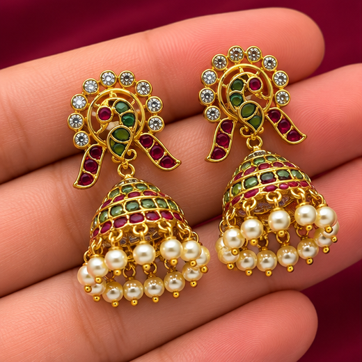 Kempu Jhumka Earrings Featuring Peacock Motifs,Dangling Pearl Beads Earrings - Image 3