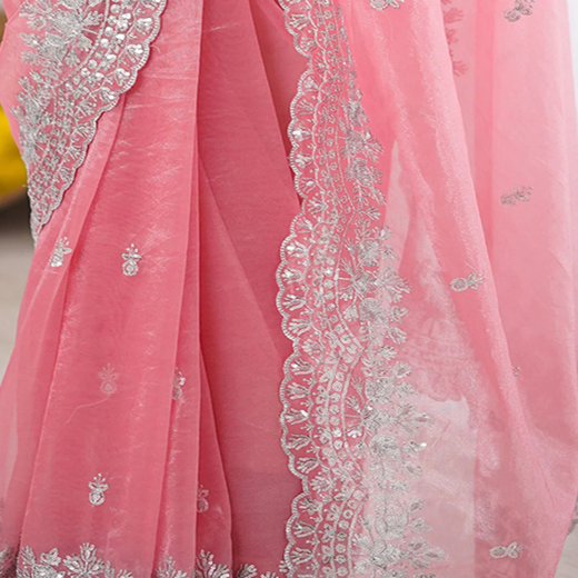 Rose Pink Net Sequence Embroidery Saree - Image 3
