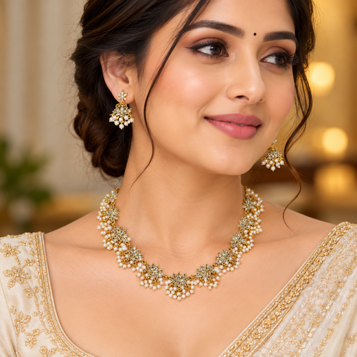 White stones Lotus with pearls Short Necklace - Image 4
