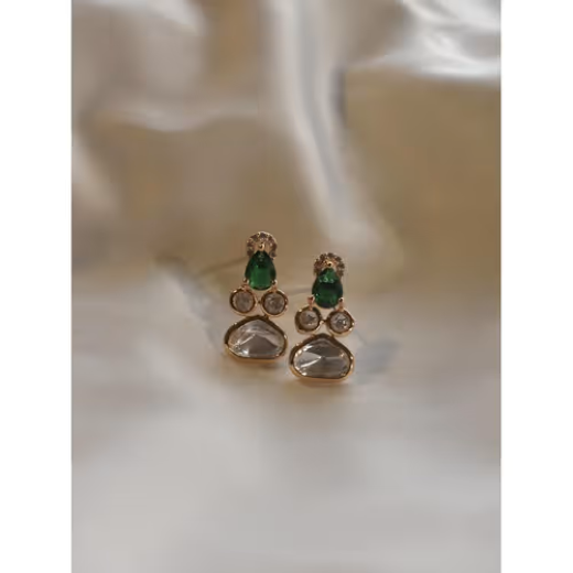 Rose-Gold With Green Stones Polki Diamonds Studs - Image 2