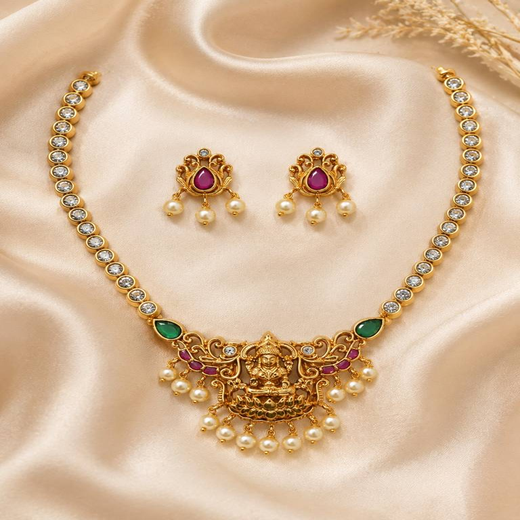 Matte finishing lord Lakshmi with Green two stones & Ad stones Short Necklace - Image 3