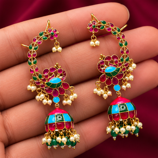 Meenakari Ear Cuff And Enamel Finishing Jhumka Earrings - Image 3