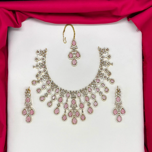 Emerald Baby-pink and Cubic Zirconia Bridal Necklace Set with Earrings and Maang Tikka