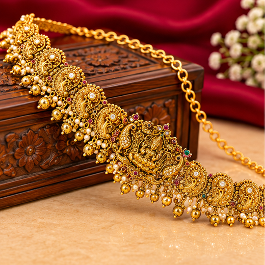 Nakshi Finishing With Lord Lakshmi And Flower Designed Chain Vaddanam - Image 3