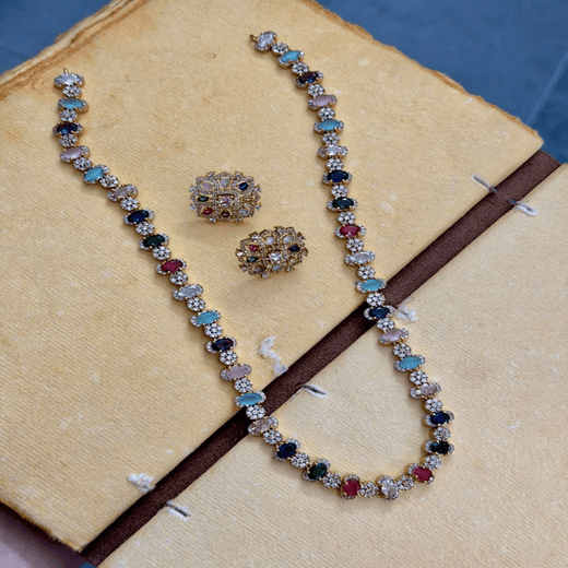 Navaratnam floral design multi-colored Long haram Necklace - Image 4