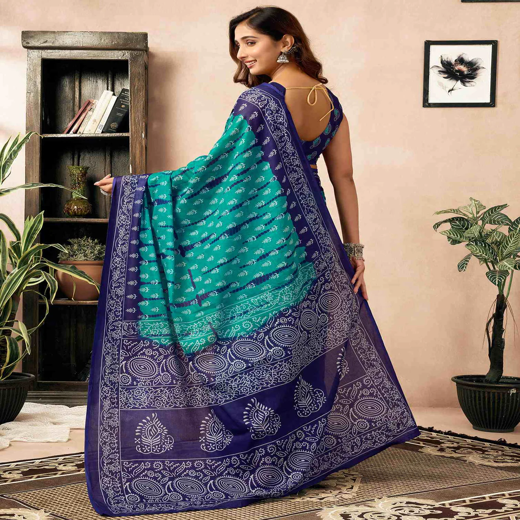 Ready To Wear Teal Green Cotton Ikkat Printed Saree - Image 4