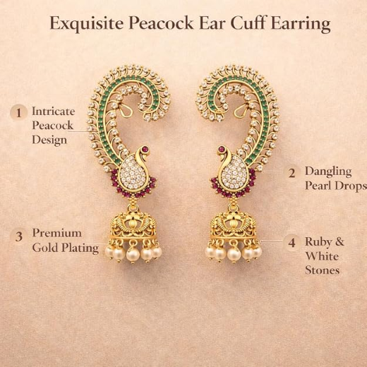 Gold Earcuff Jhumakas with Peacock Design | Artificial Jewellery - Image 3