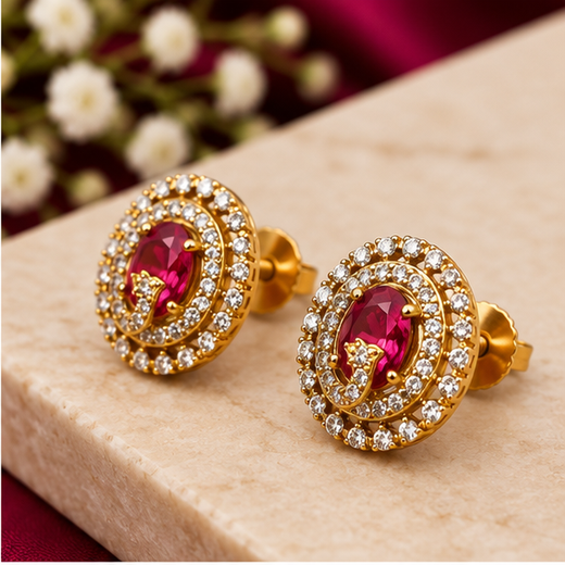 Victorian Finish American Diamonds With Red stone Stud Earring - Image 2