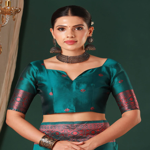 Rama Green Silk Woven Banarasi Saree - Image 2