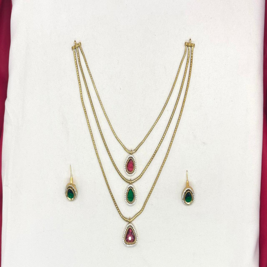 Premium Three layered AD Stones With Green,red White stone Necklace