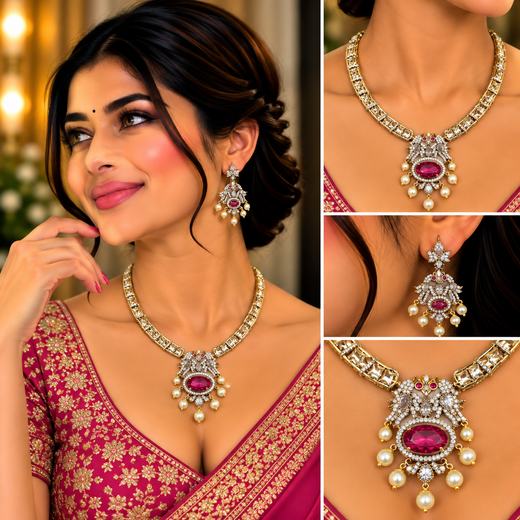 Victorian finishing peacock design with Red stone Kanti Short Necklace - Image 4