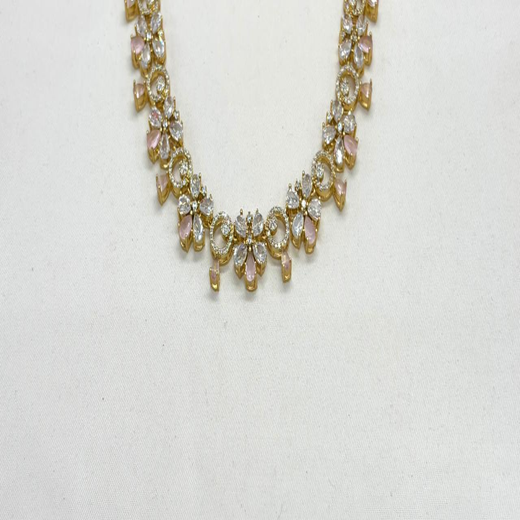Gold-plated American Diamond Baby-Pink Stones Short Necklace - Image 2