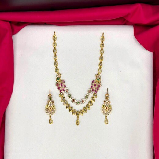 Matte finishing peacock design multi stones Short Necklace - Image 3