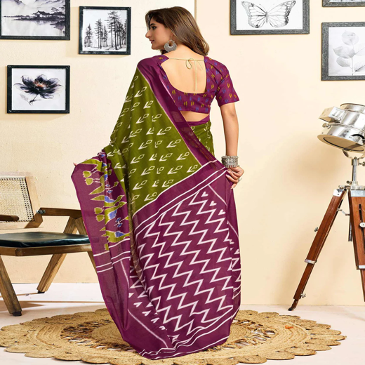 Ready To Wear Green Cotton Ikkat Printed Saree - Image 4