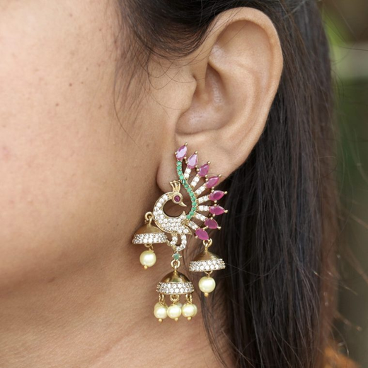 Ruby Emerald Peacock Jhumkas - Image 4