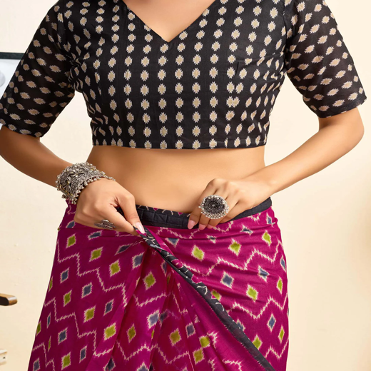 Ready To Wear Magenta Cotton Ikkat Printed Saree - Image 3