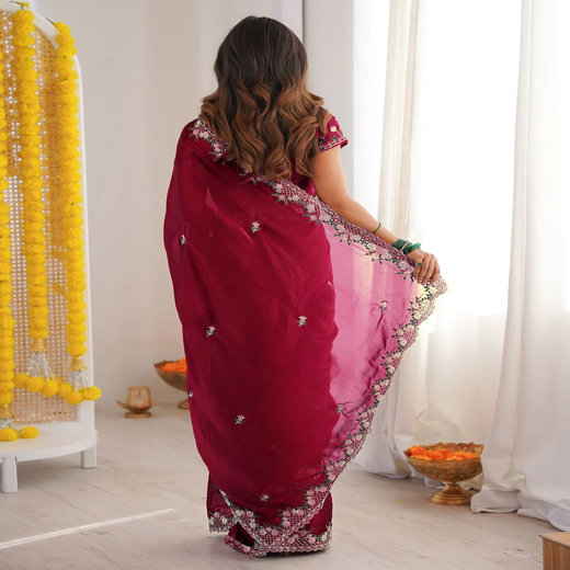 Wine Silk Sequence Embroidery Saree - Image 4