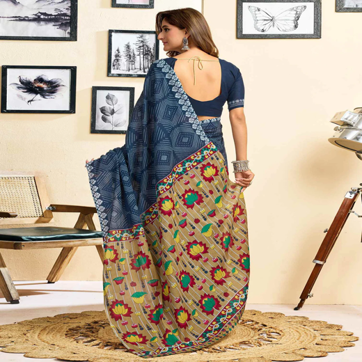 Ready To Wear Blue Cotton Printed Saree With Pocket - Image 4