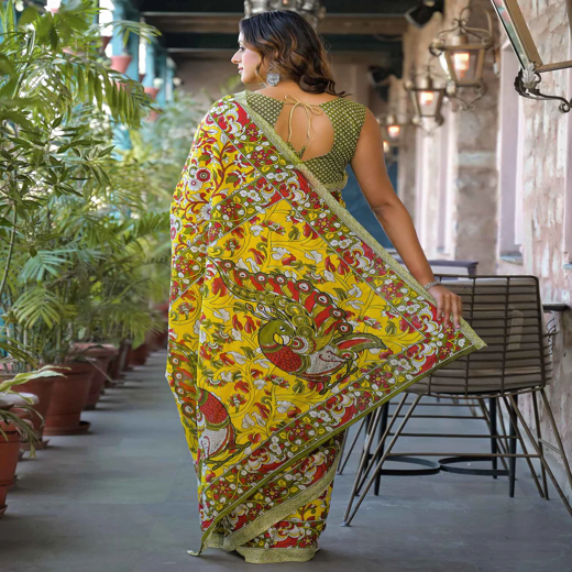 Yellow Cotton Floral Printed Saree - Image 4