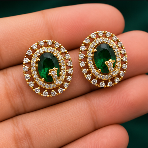 Victorian Finish American Diamonds With Green Stone Stud Earring - Image 3