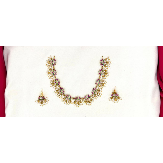 Ruby-Green Lotus with pearls Short Necklace