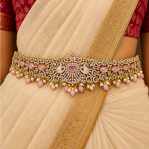 Victorian Finishing With Pink Stones And Peacock Deigned Chain Vaddanam - Image 4