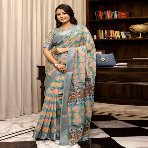 Ready To Wear Teal Blue Linen Printed Saree