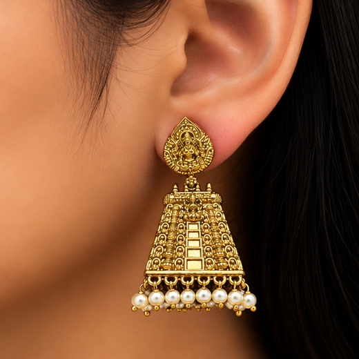Matte Finishing Temple Design With Lord Lakshmi Design Earring - Image 4