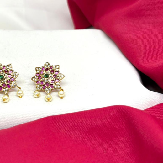 Gold-tone pink-Green jadau kundan lotus earring - Image 4