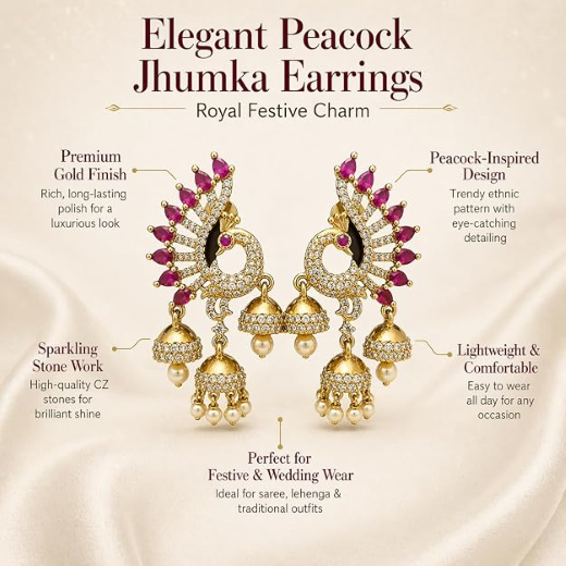 Peacock Design Earrings With Cubic Zirconia | Artificial Jewellery - Image 4