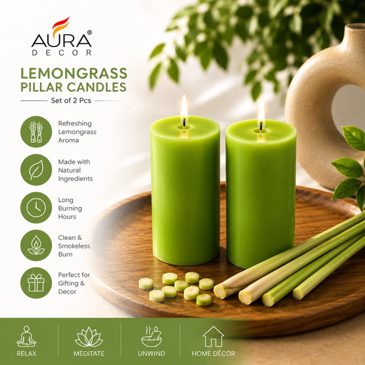 2 Piece Pillar Lemon Grass Fragrance Scented Candle (Pack of 2 Pillar)🕯️ - Image 2