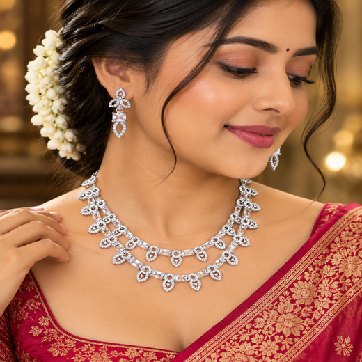 Silver Short Necklace with White Stones Artificial Jewellery - Image 4