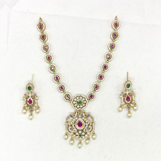 Matte finishing Pink stones pearls with Elephant design Short Necklace