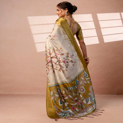 Beige Silk Kalamkari Printed Woven Border Saree - Image 4