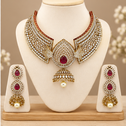 Victorian finishing American Diamonds with Red stones Choker - Image 4