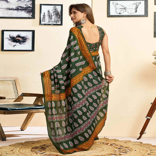 Ready To Wear Green Cotton Printed Saree - Image 4